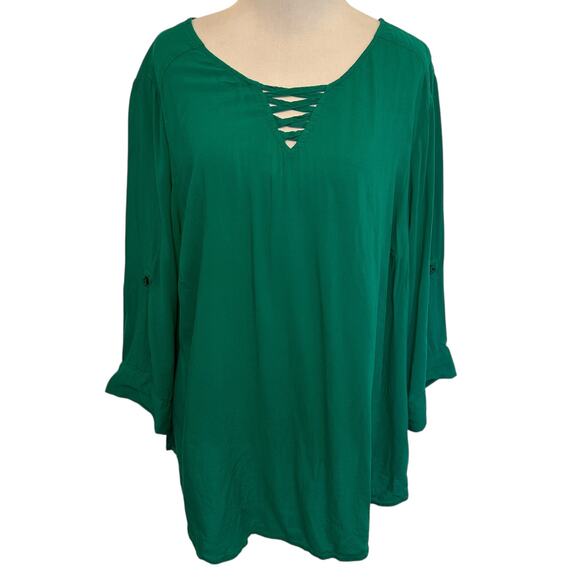 Torrid Lattice Criss Cross Top Womens Size 2X Jewel Green Challis Flowy Blouse - Picture 2 of 9